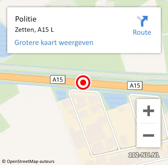 Locatie op kaart van de 112 melding: Politie Zetten, A15 L op 6 januari 2018 17:07