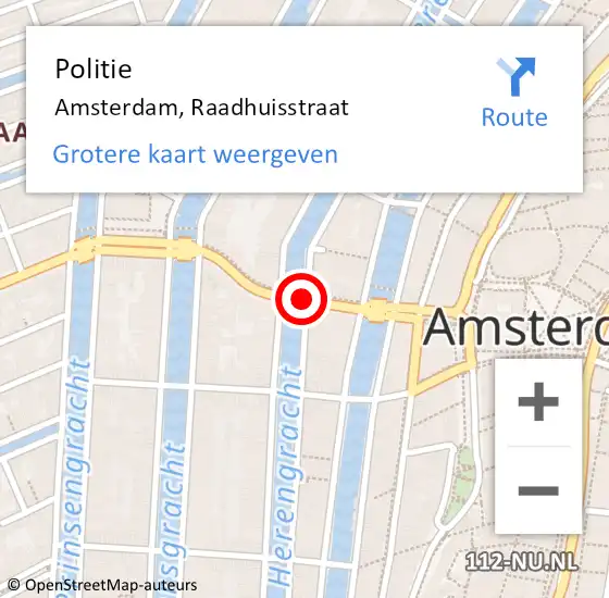 Locatie op kaart van de 112 melding: Politie Amsterdam, Raadhuisstraat op 6 januari 2018 21:24