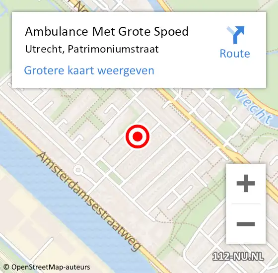 Locatie op kaart van de 112 melding: Ambulance Met Grote Spoed Naar Utrecht, Patrimoniumstraat op 7 januari 2018 08:55