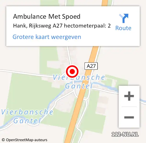 Locatie op kaart van de 112 melding: Ambulance Met Spoed Naar Hank, Rijksweg A27 hectometerpaal: 2 op 7 januari 2018 17:20