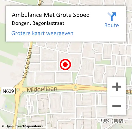 Locatie op kaart van de 112 melding: Ambulance Met Grote Spoed Naar Dongen, Begoniastraat op 8 januari 2018 06:10