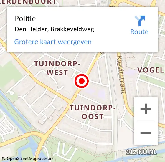 Locatie op kaart van de 112 melding: Politie Den Helder, Brakkeveldweg op 8 januari 2018 08:53