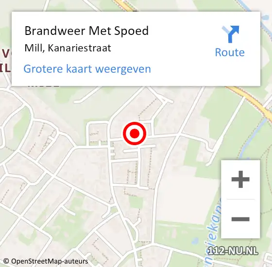 Locatie op kaart van de 112 melding: Brandweer Met Spoed Naar Mill, Kanariestraat op 8 januari 2018 17:28