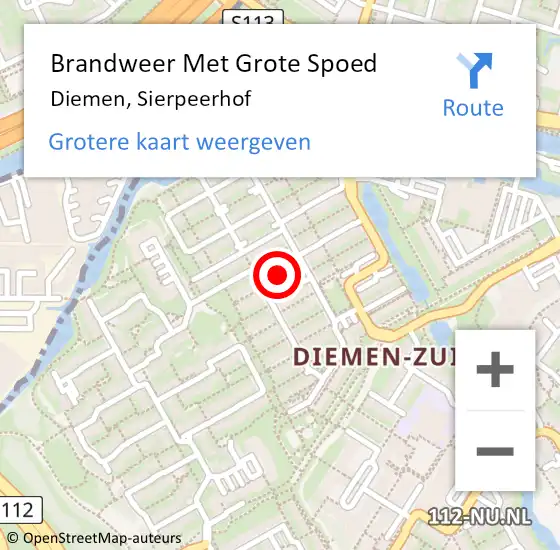 Locatie op kaart van de 112 melding: Brandweer Met Grote Spoed Naar Diemen, Sierpeerhof op 9 januari 2018 17:42