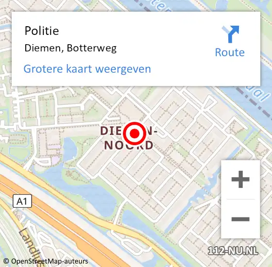 Locatie op kaart van de 112 melding: Politie Diemen, Botterweg op 10 januari 2018 10:24