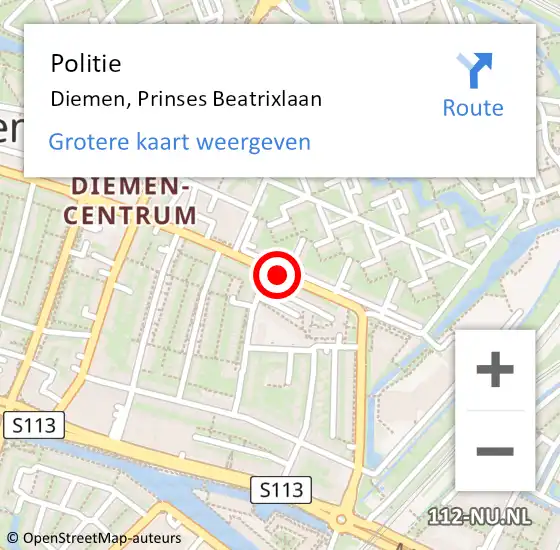 Locatie op kaart van de 112 melding: Politie Diemen, Prinses Beatrixlaan op 10 januari 2018 13:57