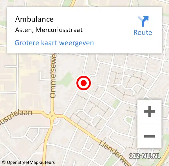 Locatie op kaart van de 112 melding: Ambulance Asten, Mercuriusstraat op 10 januari 2018 16:58