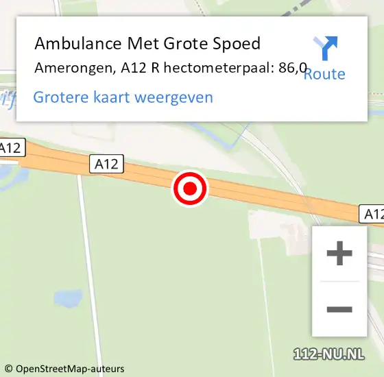 Locatie op kaart van de 112 melding: Ambulance Met Grote Spoed Naar Amerongen, A12 L hectometerpaal: 87,2 op 10 januari 2018 21:57