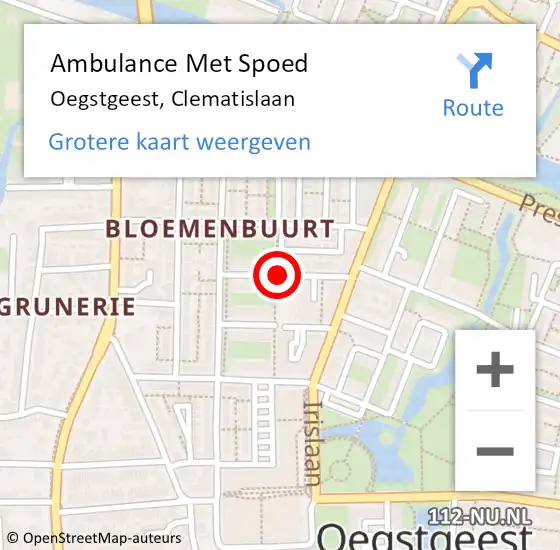 Locatie op kaart van de 112 melding: Ambulance Met Spoed Naar Oegstgeest, Clematislaan op 11 januari 2018 08:39