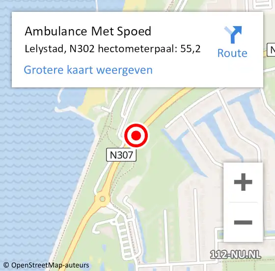 Locatie op kaart van de 112 melding: Ambulance Met Spoed Naar Lelystad, N302 hectometerpaal: 55,2 op 13 januari 2018 15:44