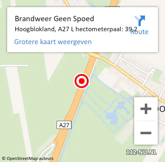 Locatie op kaart van de 112 melding: Brandweer Geen Spoed Naar Hoogblokland, A27 L hectometerpaal: 39,2 op 15 januari 2018 18:01