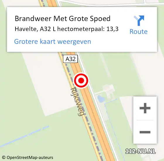 Locatie op kaart van de 112 melding: Brandweer Met Grote Spoed Naar Havelte, A32 L hectometerpaal: 13,3 op 15 januari 2018 22:03