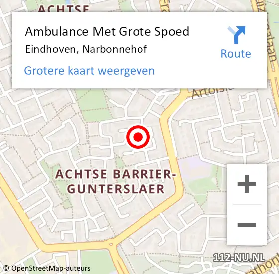 Locatie op kaart van de 112 melding: Ambulance Met Grote Spoed Naar Eindhoven, Narbonnehof op 15 januari 2018 22:42