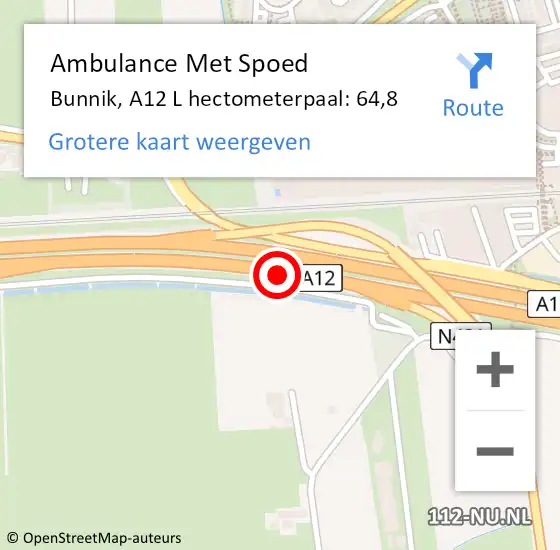 Locatie op kaart van de 112 melding: Ambulance Met Spoed Naar Bunnik, A12 L hectometerpaal: 64,0 op 16 januari 2018 08:44