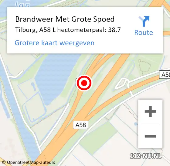 Locatie op kaart van de 112 melding: Brandweer Met Grote Spoed Naar Tilburg, A58 R hectometerpaal: 39,7 op 16 januari 2018 08:49