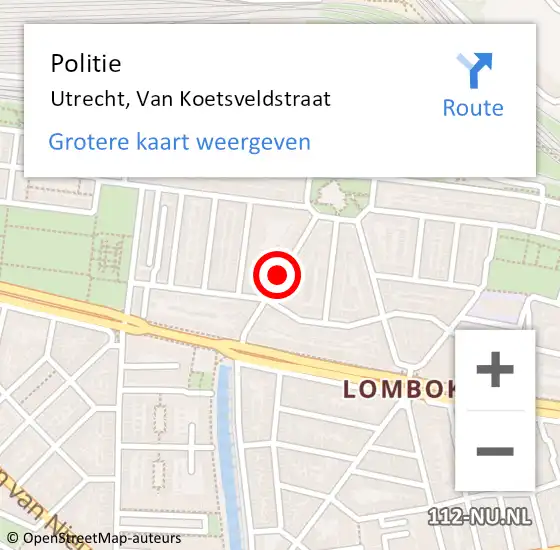 Locatie op kaart van de 112 melding: Politie Utrecht, Van Koetsveldstraat op 16 januari 2018 17:46