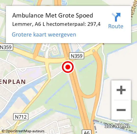 Locatie op kaart van de 112 melding: Ambulance Met Grote Spoed Naar Lemmer, A6 L hectometerpaal: 297,4 op 17 januari 2018 13:21