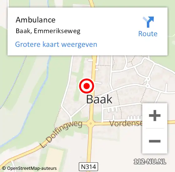 Locatie op kaart van de 112 melding: Ambulance Baak, Emmerikseweg op 17 januari 2018 17:15