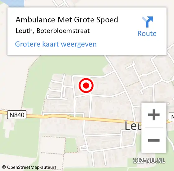 Locatie op kaart van de 112 melding: Ambulance Met Grote Spoed Naar Leuth, Boterbloemstraat op 18 januari 2018 00:43