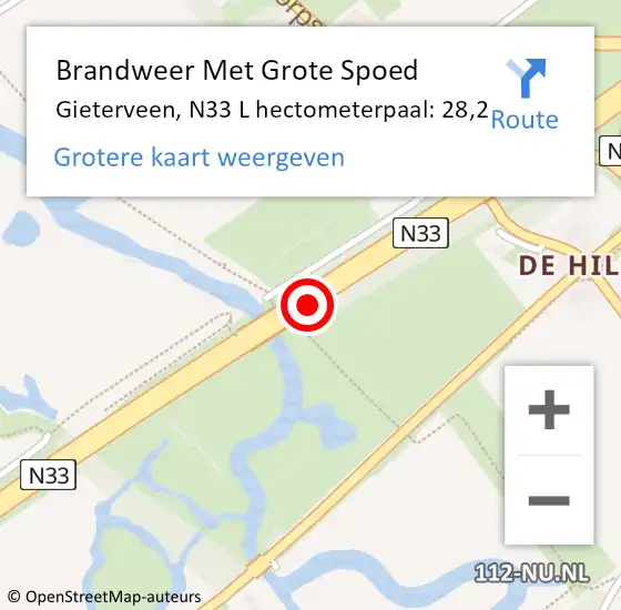 Locatie op kaart van de 112 melding: Brandweer Met Grote Spoed Naar Gieterveen, N33 L hectometerpaal: 28,2 op 18 januari 2018 02:32