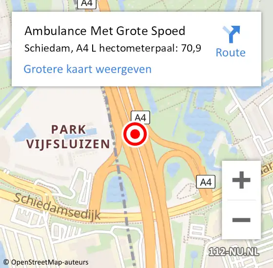 Locatie op kaart van de 112 melding: Ambulance Met Grote Spoed Naar Schiedam, A4 R hectometerpaal: 71,3 op 18 januari 2018 08:01