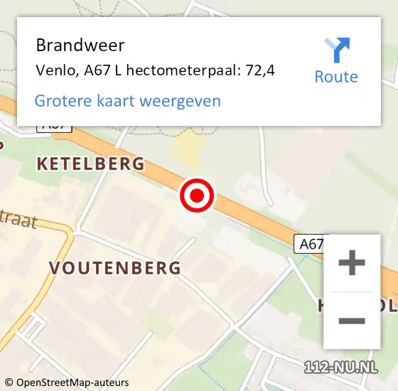 Locatie op kaart van de 112 melding: Brandweer Venlo, A67 L hectometerpaal: 72,4 op 18 januari 2018 08:19