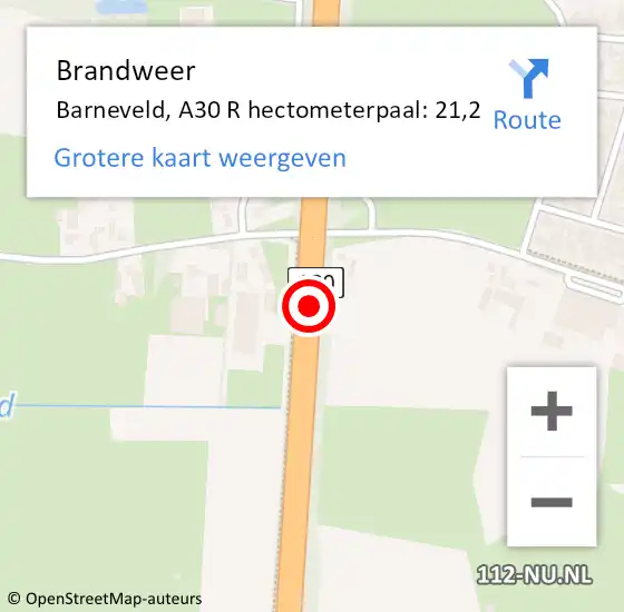 Locatie op kaart van de 112 melding: Brandweer Barneveld, A30 L hectometerpaal: 15,5 op 18 januari 2018 09:21