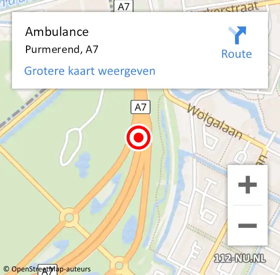 Locatie op kaart van de 112 melding: Ambulance Purmerend, A7 op 18 januari 2018 11:56