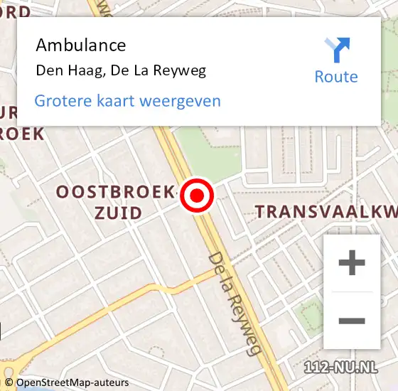 Locatie op kaart van de 112 melding: Ambulance Den Haag, De La Reyweg op 19 januari 2018 09:26