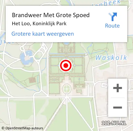 Locatie op kaart van de 112 melding: Brandweer Met Grote Spoed Naar Het Loo, Koninklijk Park op 19 januari 2018 13:50