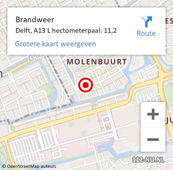 Locatie op kaart van de 112 melding: Brandweer Delft, A13 L hectometerpaal: 11,2 op 19 januari 2018 15:17