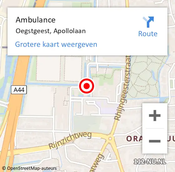 Locatie op kaart van de 112 melding: Ambulance Oegstgeest, Apollolaan op 19 januari 2018 19:31