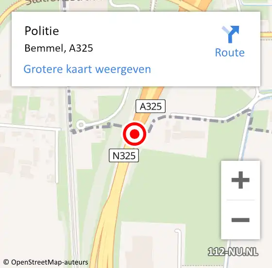 Locatie op kaart van de 112 melding: Politie Bemmel, A325 op 20 januari 2018 22:17