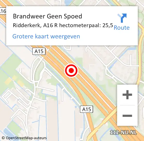 Locatie op kaart van de 112 melding: Brandweer Geen Spoed Naar Ridderkerk, A16 R hectometerpaal: 25,5 op 21 januari 2018 03:01