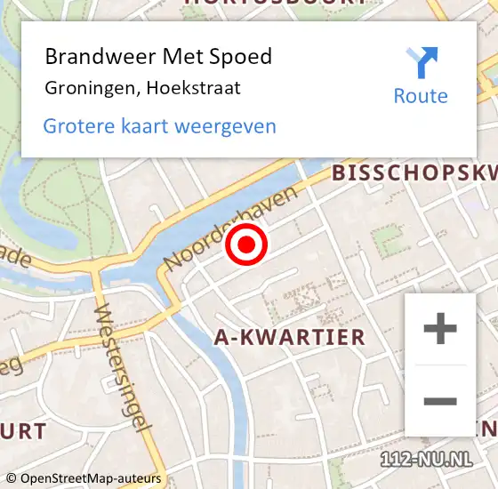 Locatie op kaart van de 112 melding: Brandweer Met Spoed Naar Groningen, Hoekstraat op 22 januari 2018 21:07