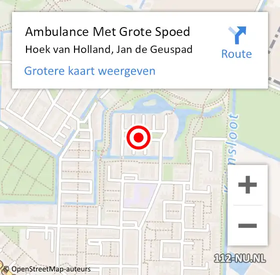 Locatie op kaart van de 112 melding: Ambulance Met Grote Spoed Naar Hoek van Holland, Jan de Geuspad op 23 januari 2018 00:56