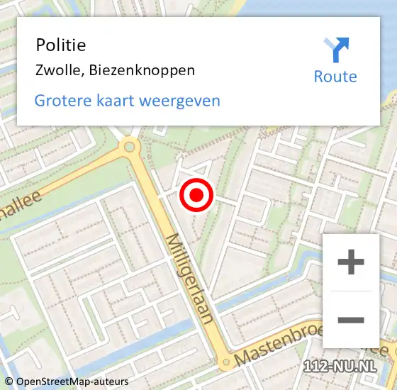 Locatie op kaart van de 112 melding: Politie Zwolle, Biezenknoppen op 24 januari 2018 03:42