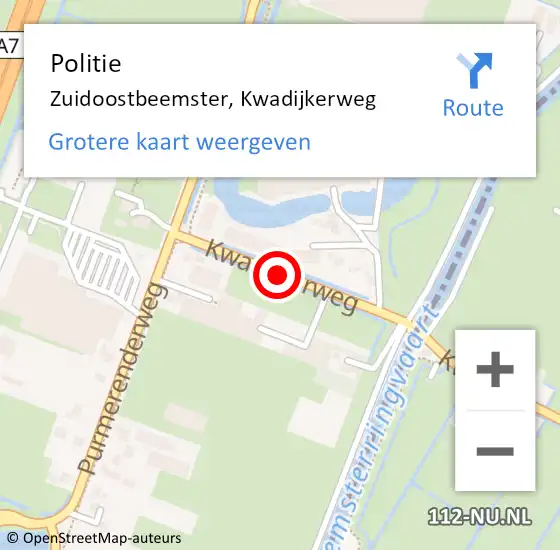 Locatie op kaart van de 112 melding: Politie Zuidoostbeemster, Kwadijkerweg op 24 januari 2018 16:08
