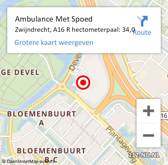 Locatie op kaart van de 112 melding: Ambulance Met Spoed Naar Zwijndrecht, A16 R hectometerpaal: 34,0 op 27 januari 2018 05:27
