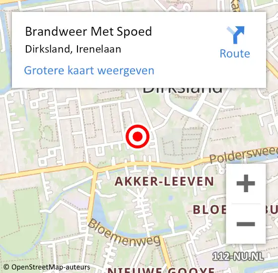 Locatie op kaart van de 112 melding: Brandweer Met Spoed Naar Dirksland, Irenelaan op 27 januari 2018 10:58