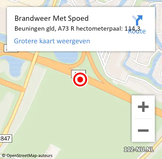 Locatie op kaart van de 112 melding: Brandweer Met Spoed Naar Beuningen gld, A73 R hectometerpaal: 114,3 op 1 februari 2018 00:00