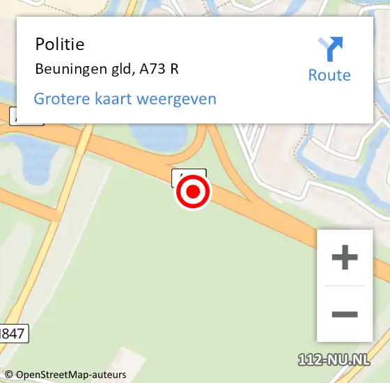 Locatie op kaart van de 112 melding: Politie Beuningen gld, A73 R op 1 februari 2018 00:00