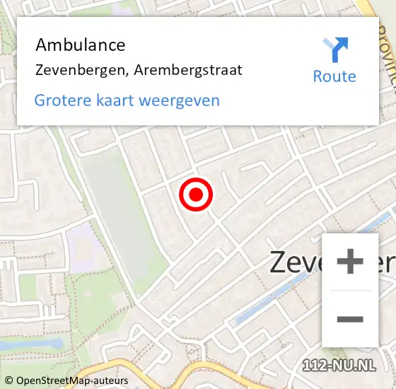 Locatie op kaart van de 112 melding: Ambulance Zevenbergen, Arembergstraat op 1 februari 2018 11:40