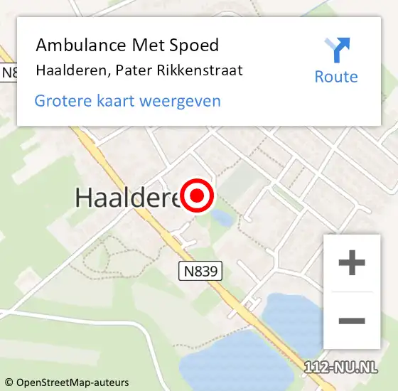 Locatie op kaart van de 112 melding: Ambulance Met Spoed Naar Haalderen, Pater Rikkenstraat op 1 februari 2018 14:04