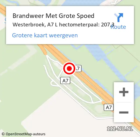 Locatie op kaart van de 112 melding: Brandweer Met Grote Spoed Naar Westerbroek, A7 R hectometerpaal: 207,3 op 2 februari 2018 22:52