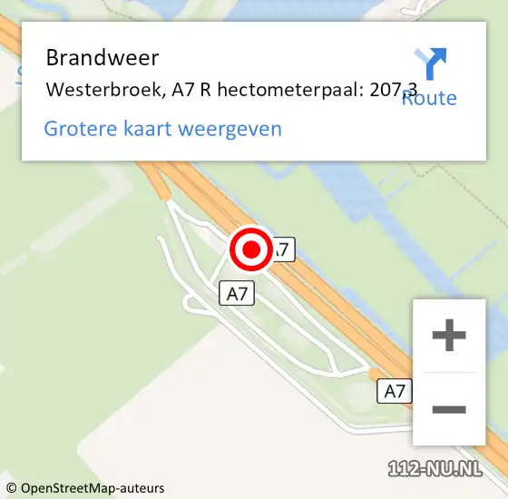 Locatie op kaart van de 112 melding: Brandweer Westerbroek, A7 R hectometerpaal: 207,3 op 2 februari 2018 22:57