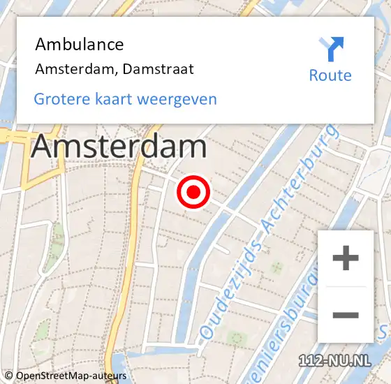 Locatie op kaart van de 112 melding: Ambulance Amsterdam, Damstraat op 3 februari 2018 22:43
