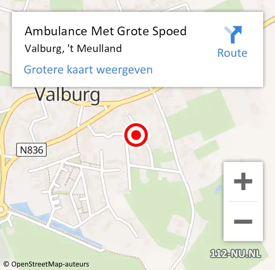 Locatie op kaart van de 112 melding: Ambulance Met Grote Spoed Naar Valburg, 't Meulland op 4 februari 2018 11:25