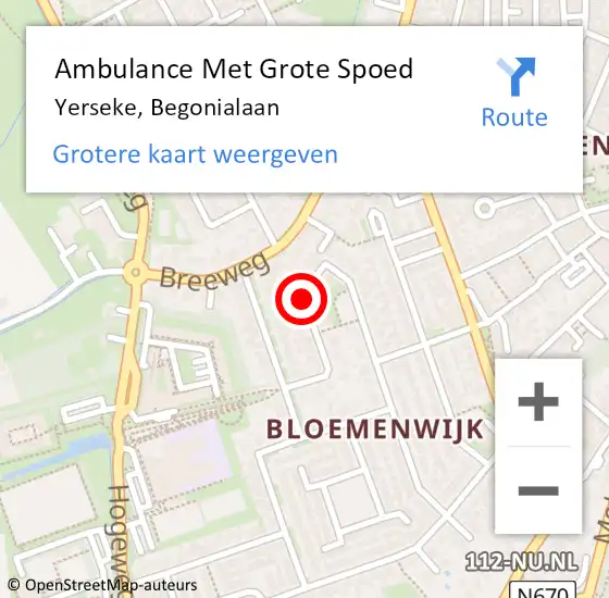 Locatie op kaart van de 112 melding: Ambulance Met Grote Spoed Naar Yerseke, Begonialaan op 6 februari 2018 13:15