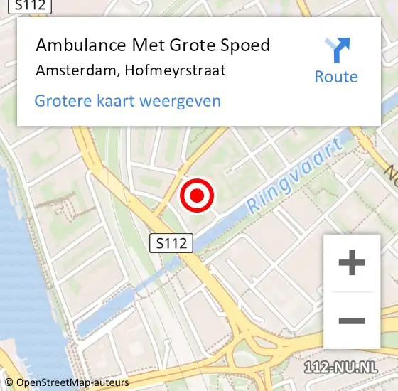 Locatie op kaart van de 112 melding: Ambulance Met Grote Spoed Naar Amsterdam, Hofmeyrstraat op 6 februari 2018 14:33